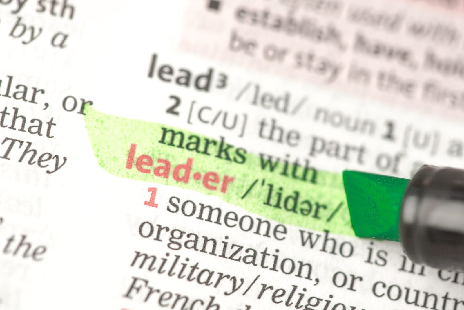 Leader definition highlighted in green in the dictionary