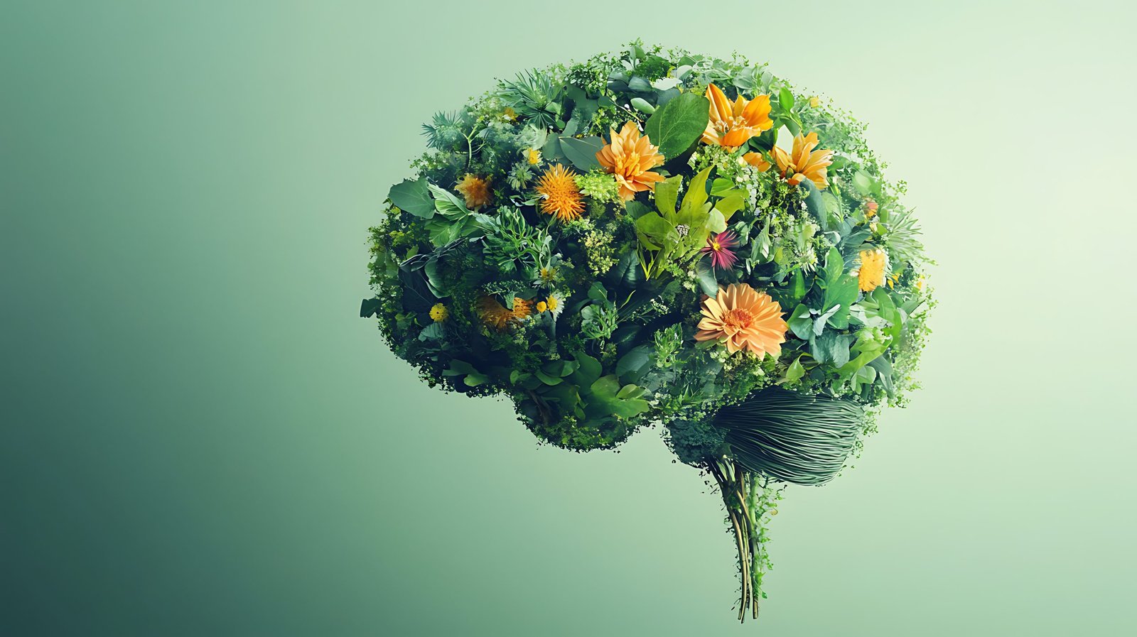 vibrant brain made of flowers and greenery symbolizes creativity and natures beauty. This artistic representation evokes sense of harmony and inspiration.
