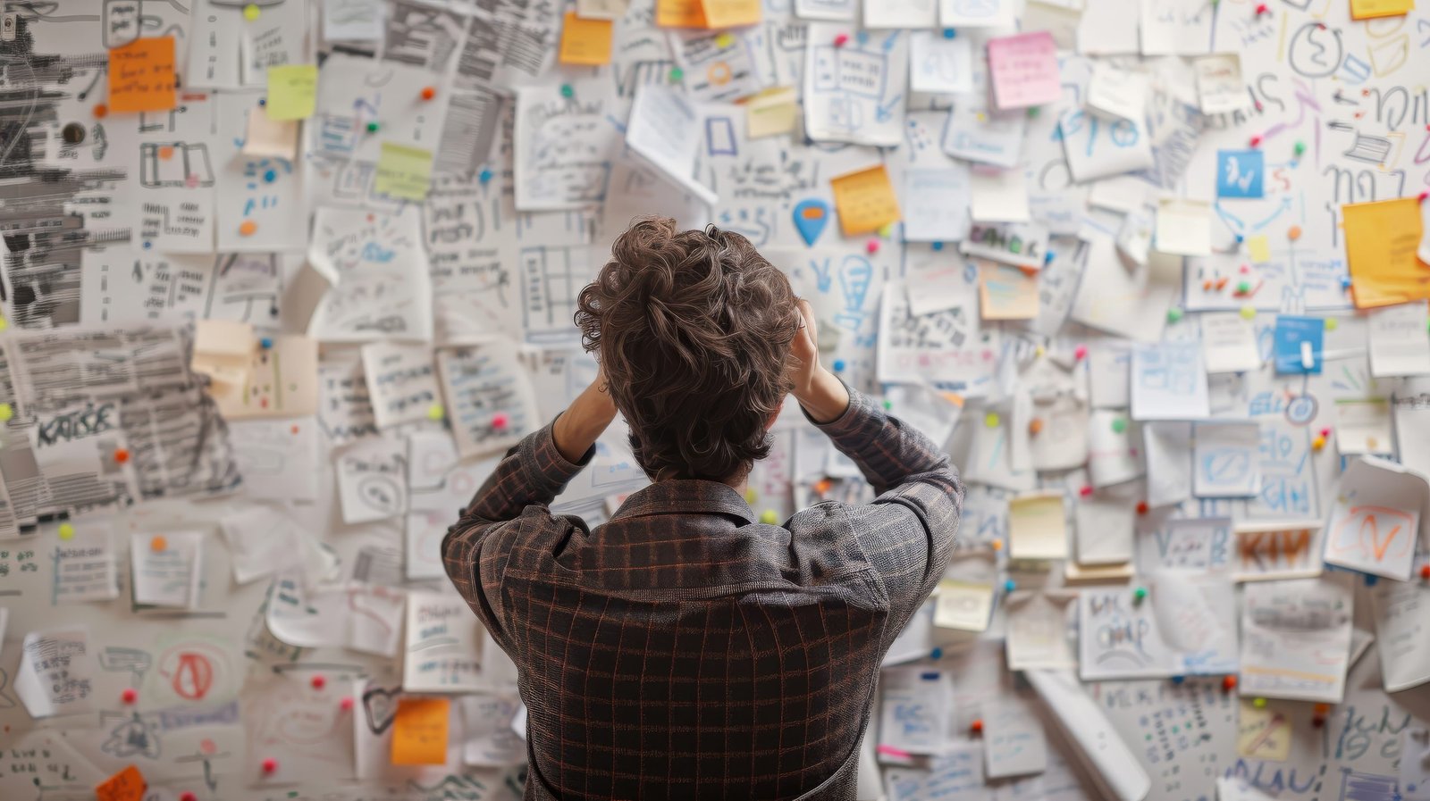 High-resolution image capturing a young professional standing in front of a cluttered whiteboard filled with notes and diagrams, scratching their head with a puzzled look, surrounded by the chaos of brainstorming and problem-solving