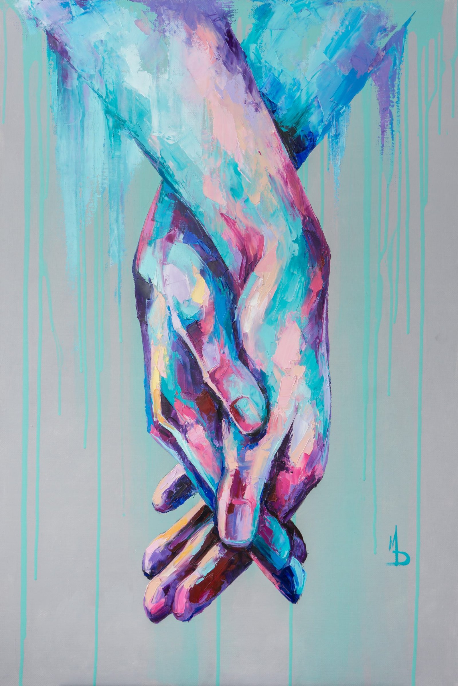 Hands together- oil painting. The picture depicts a metaphor for teamwork. Conceptual abstract closeup of an oil painting and palette knife on canvas. Oil painting of hands in pink, purple, blue and turquoise in vivid tones. Conceptual abstract hand painting. The picture depicts a metaphor for support. Conceptual abstract closeup of an oil painting on canvas. Large strokes with a palette knife and smudges of paint