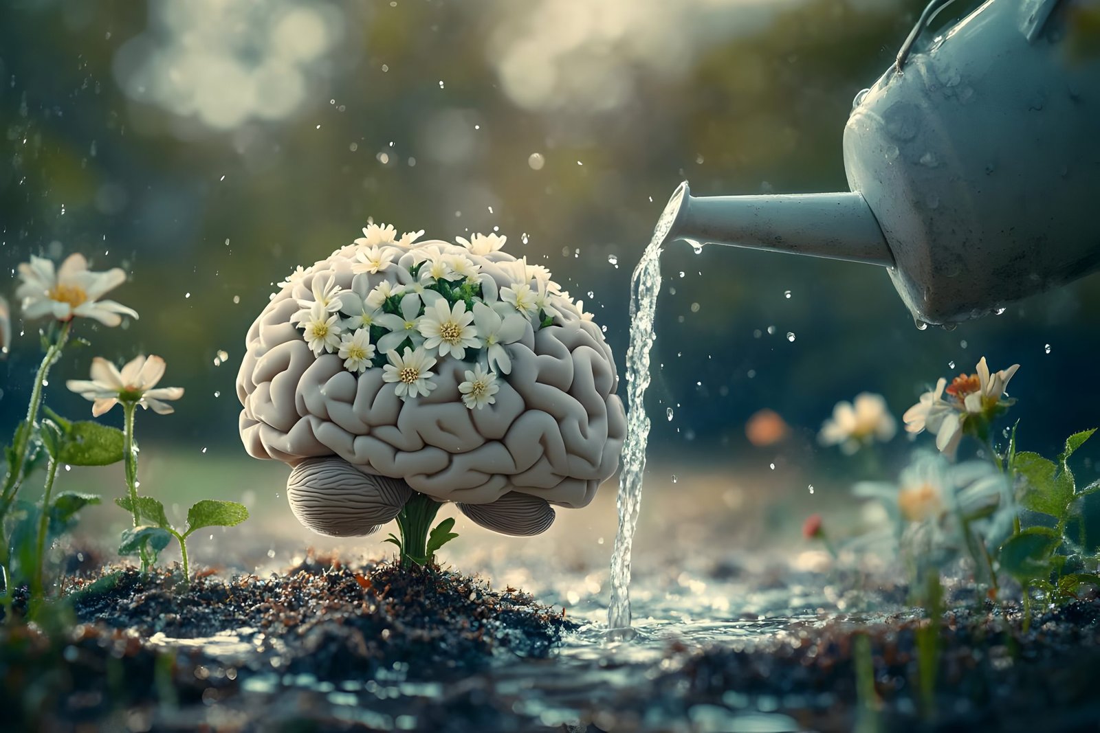 Watering the Garden of the Mind: A Surreal 3D Illustration of Brain Growth and Nurturing
