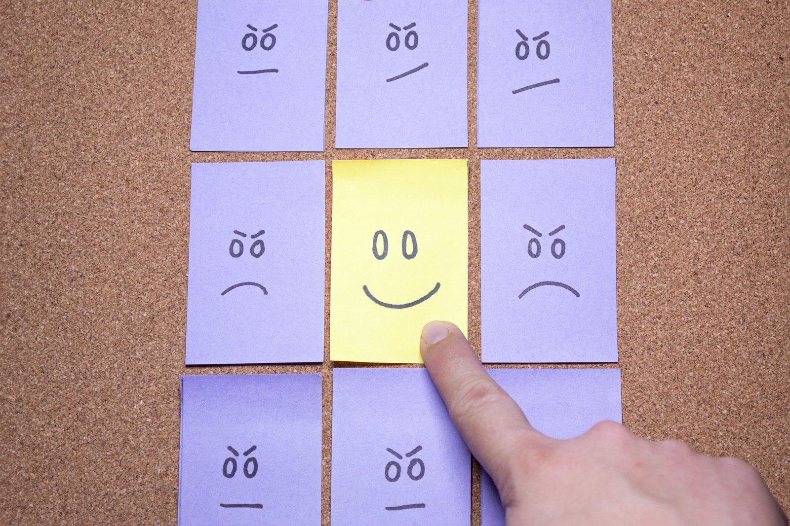 A hand points to a happy face that stands out among a grid of angry faces hand-drawn on sticky notes on a cork board.