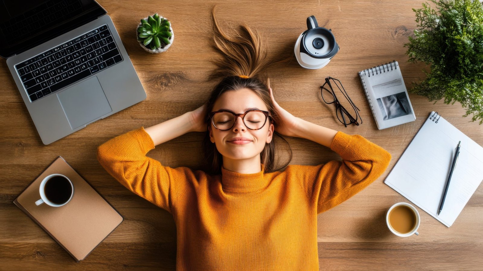A woman wearing glasses and a cozy sweater, relaxing at her desk A woman wearing glasses and a cozy sweater, relaxing at her desk with a laptop, coffee, and various stationery items.