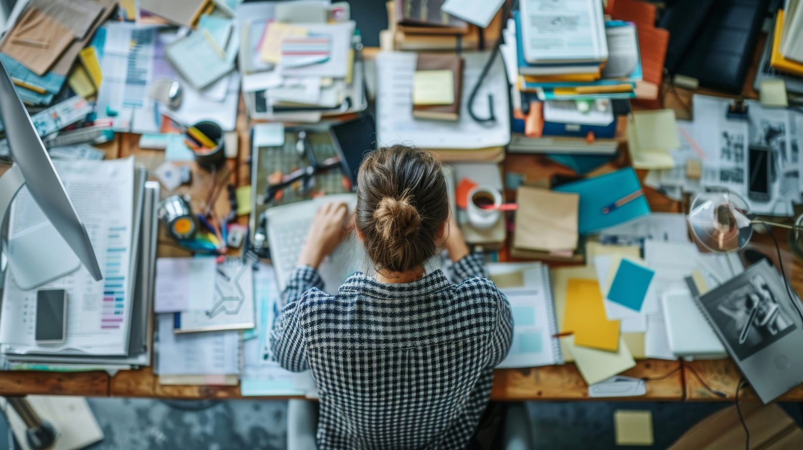 Woman Working at Messy Desk A woman sits at a desk covered in papers, books, and other supplies. She is working on a project, seemingly unfazed by the clutter.